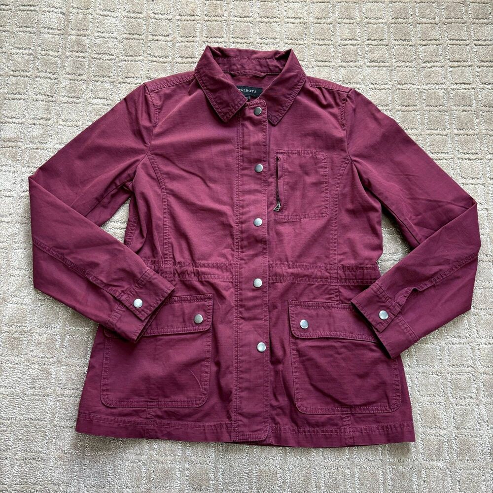 Talbots Utility Safari Jacket Women's XS Burgundy Adjustable Waist Snap Zipper